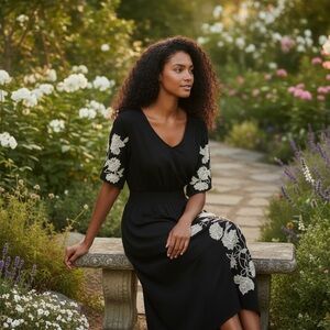 Black Floral Embroidered V-Neck Mini dress